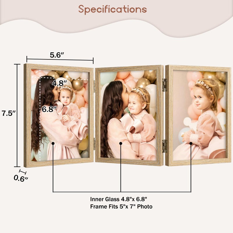 Space Art Deco 5x7 Triple Hinged Frames, 3 Folding Picture Frame, Triptych Photo Frame, Stand Vertically on Desktop or Tabletop, Wood Grain - Image 2